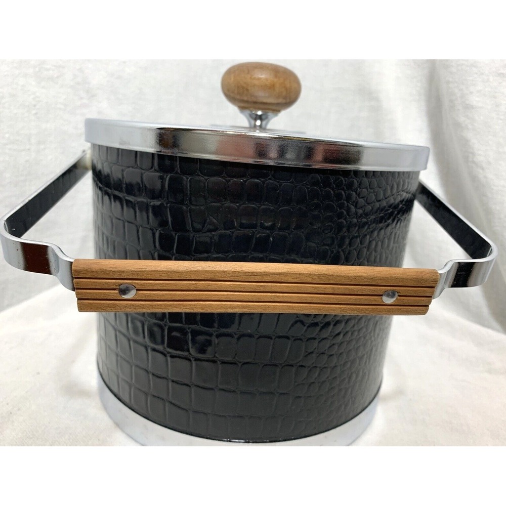 Atapco Ice Bucket Alligator Faux Black Leather Chrome Lid Wooden handle Vintage